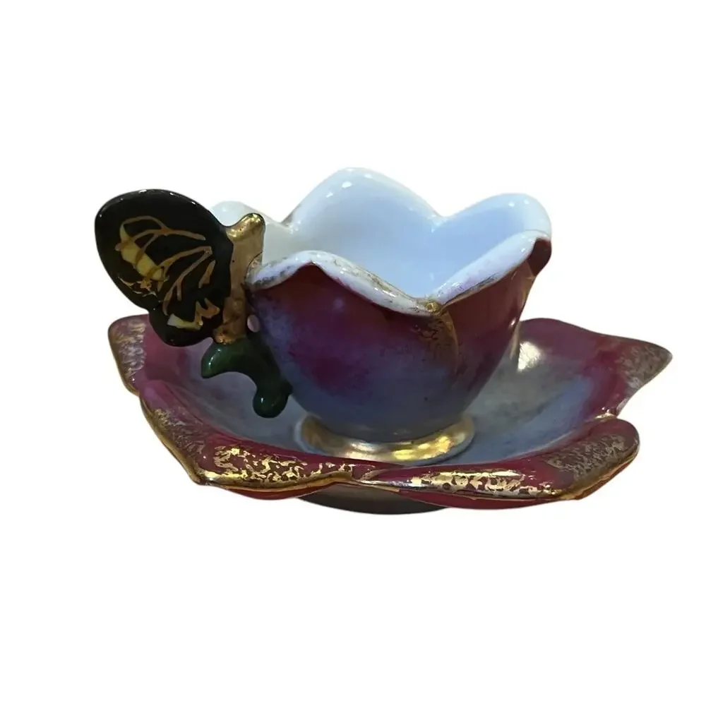 Japan Hand Painted Miniature Tea Cup & Saucer Purple Flower Butterfly Handle VTG